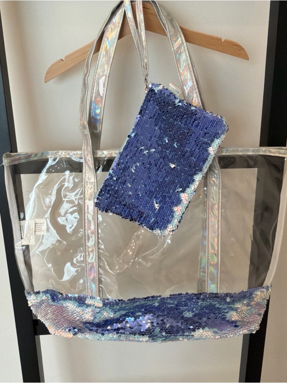 Clear Tote Bag with Blue Sequin Trim and Matching Sequin Pouch